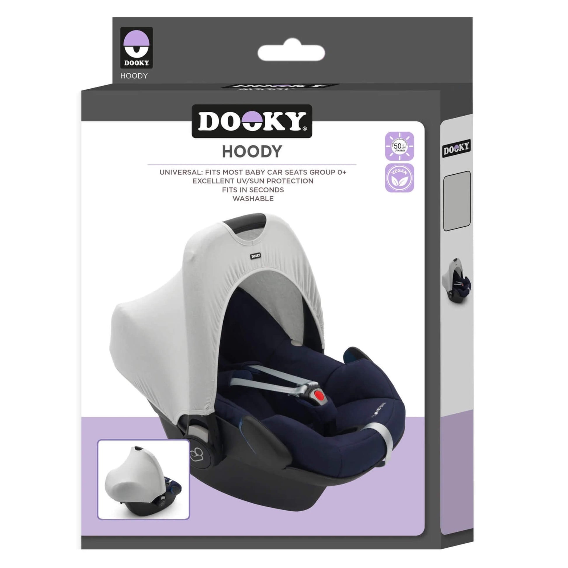 A retail box showing a grey car seat hoody displayed on an infant car seat, with product details and branding on the packaging.