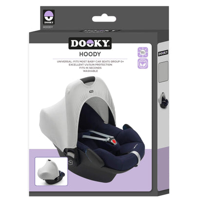 A retail box showing a grey car seat hoody displayed on an infant car seat, with product details and branding on the packaging.