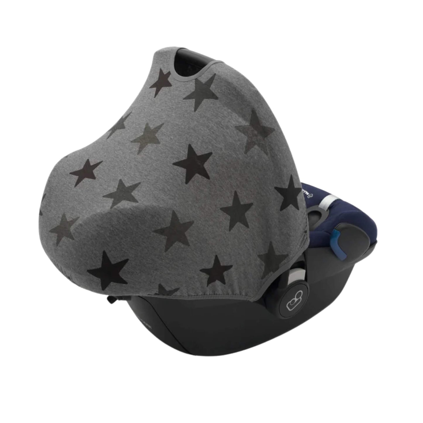 A grey stars print fabric car seat hoody fully extended over an infant car seat, covering the seat for shade and privacy.