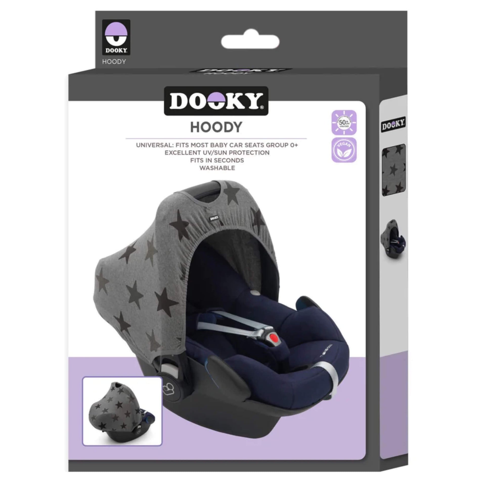 A retail box showing a grey stars print car seat hoody displayed on an infant car seat, with product details and branding on the packaging.