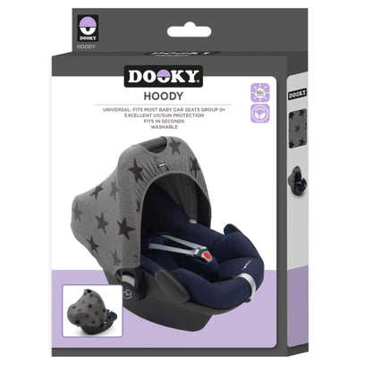 A retail box showing a grey stars print car seat hoody displayed on an infant car seat, with product details and branding on the packaging.