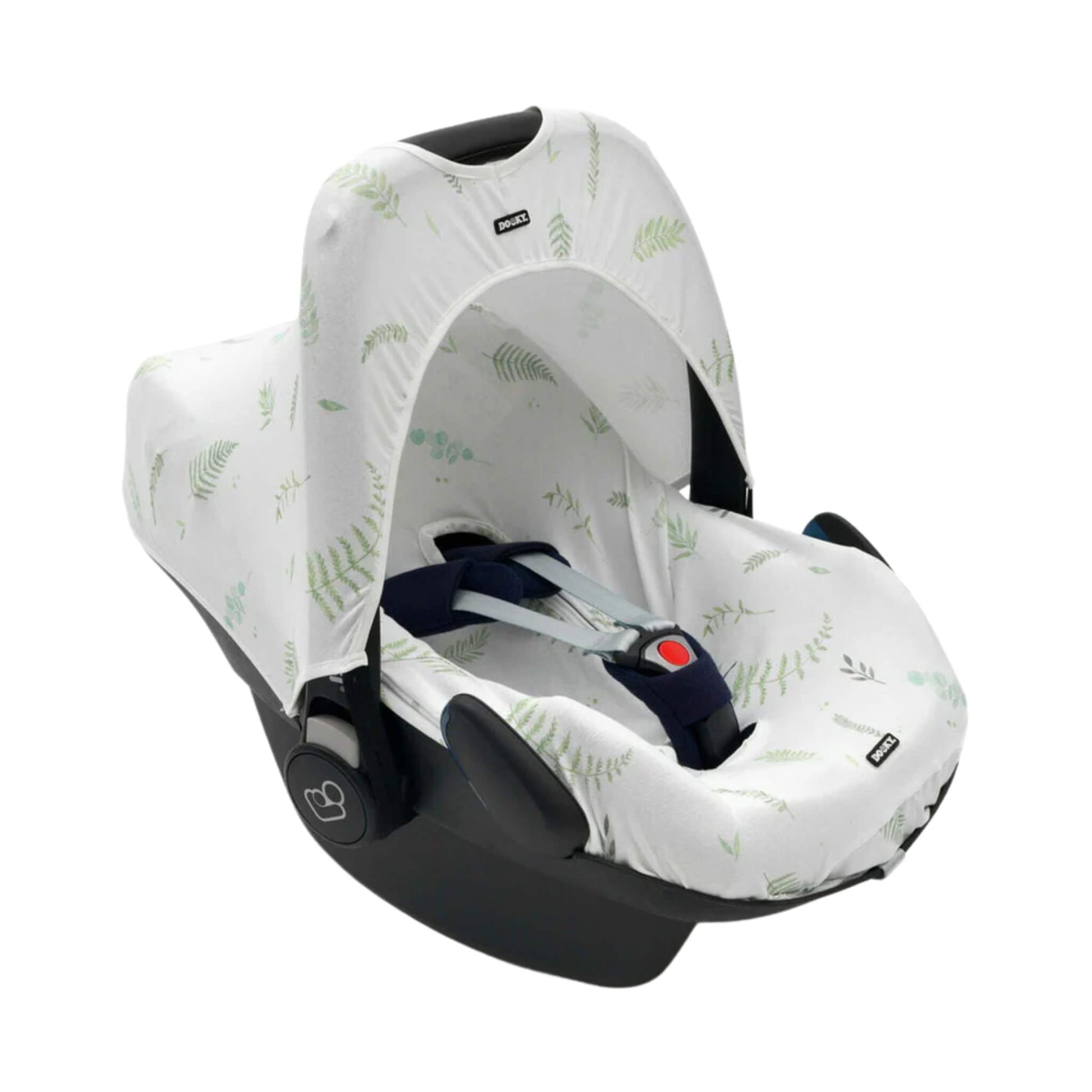 A Dooky Car Seat Hoody in a white fabric with soft green leaf prints fitted to a navy infant car seat, providing shade and UV protection.
