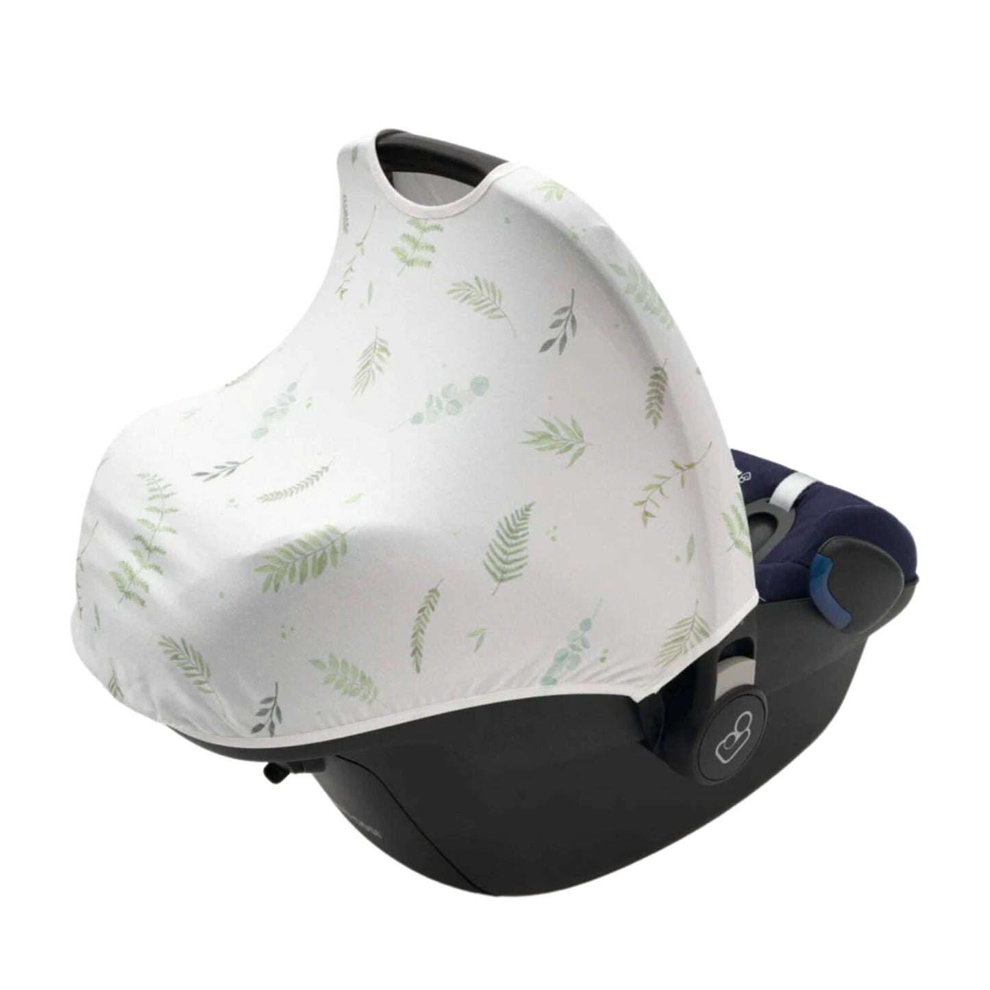 A white car seat hoody with green leaf patterns fully extended over an infant car seat, covering the seat for shade and privacy.