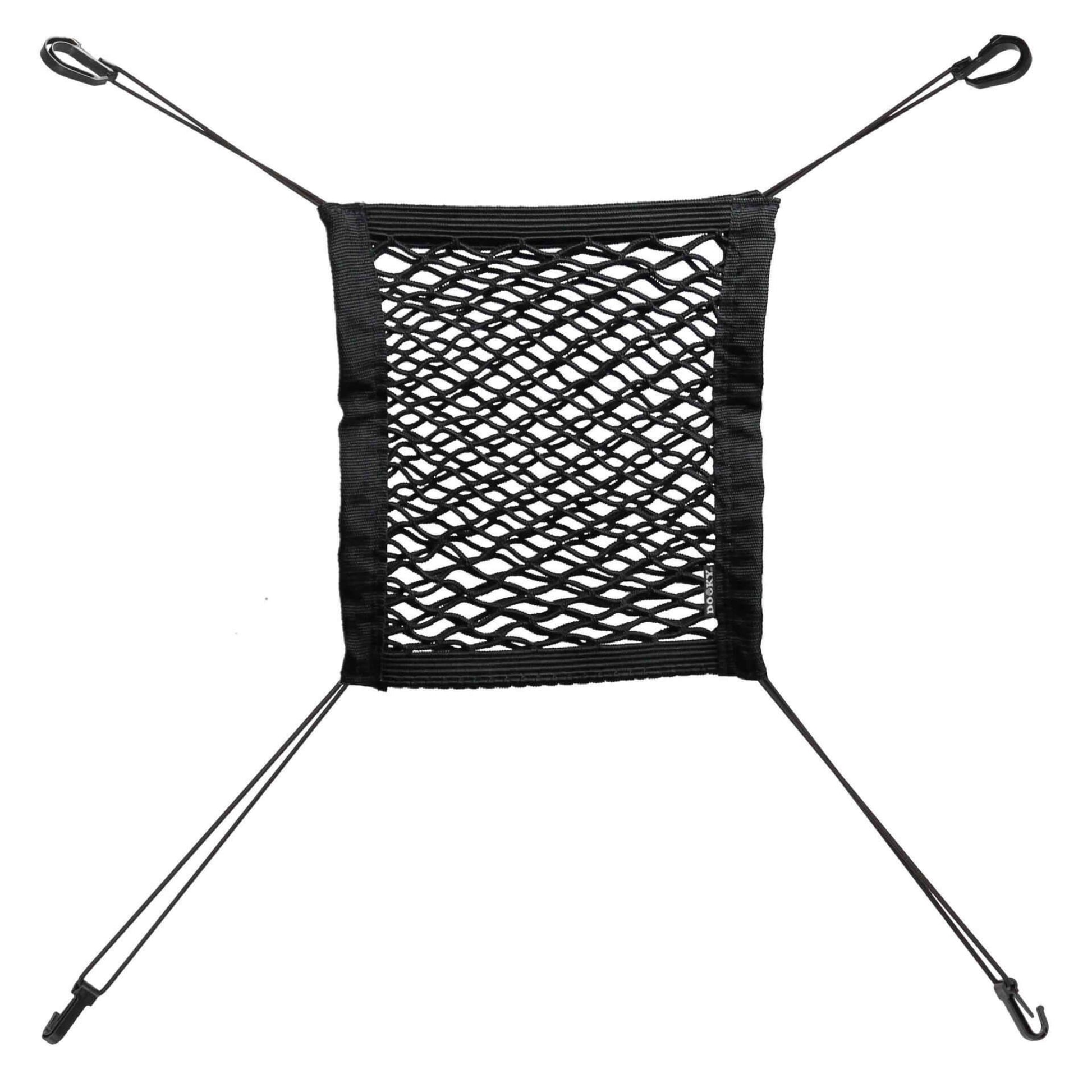 Dooky Car Seat Organiser with black mesh pocket and four adjustable attachment straps, designed for easy storage between front seats.