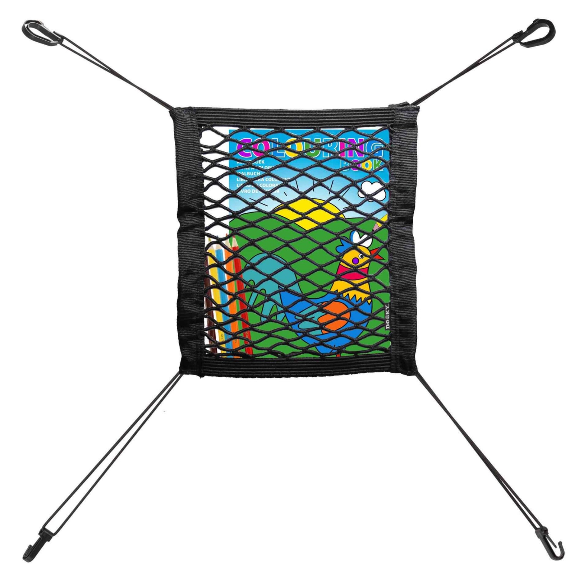 A black mesh car seat organiser containing a children’s colouring book with a cartoon chicken and bright background design.