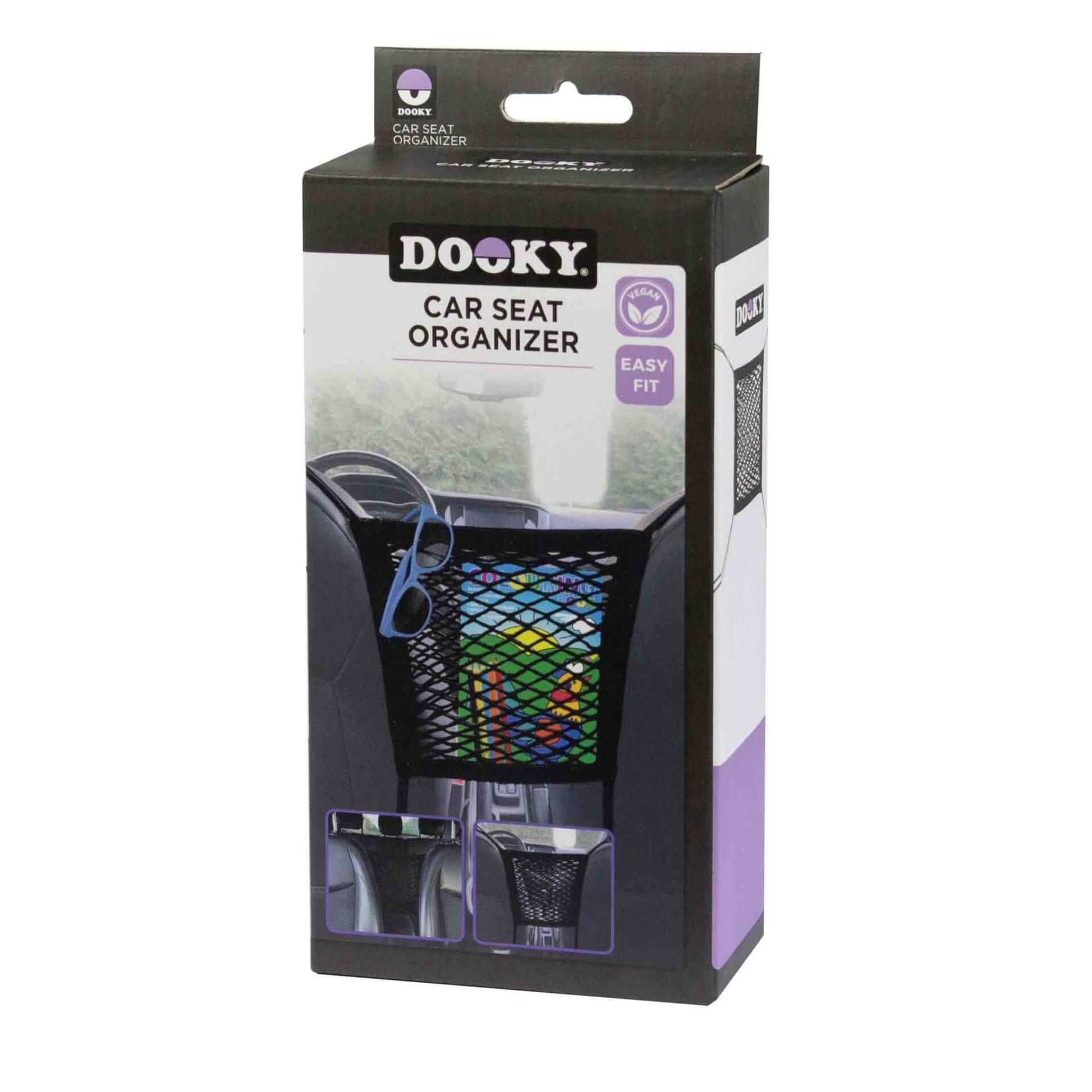 Retail packaging box showing a black mesh car seat organiser in use between two front seats, with small images of additional installation views.