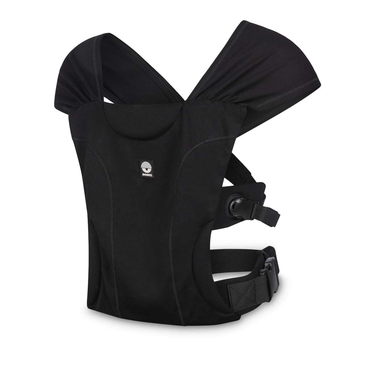Dooky Carrier Be One Black baby carrier with wide shoulder straps, supportive front panel and adjustable waist belt.