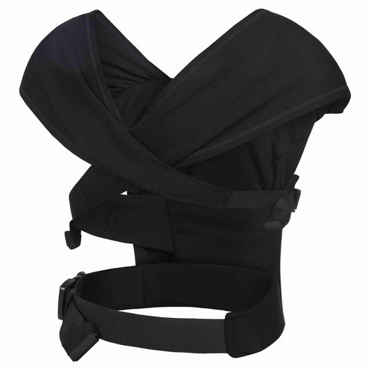 A black baby carrier shown from the back with wide cross-over shoulder straps and an adjustable padded waist belt.
