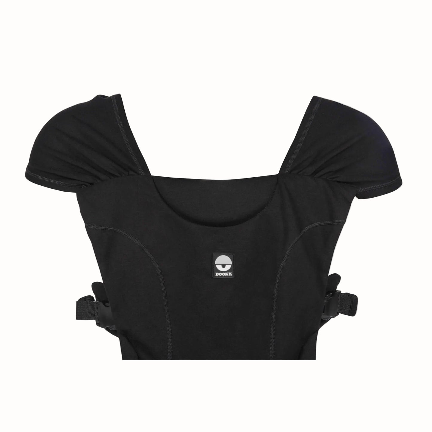 Black baby carrier top with short shoulder straps and side buckle closures, featuring a small central logo patch, shown on a plain white background.