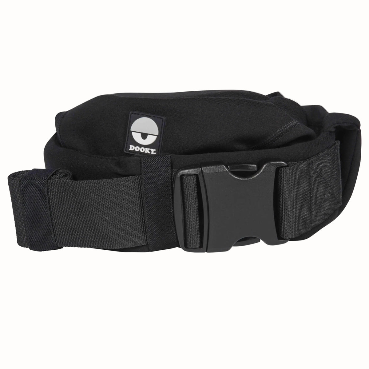 A close-up of the black baby carrier waist belt with adjustable webbing, padded section and large buckle fastening.