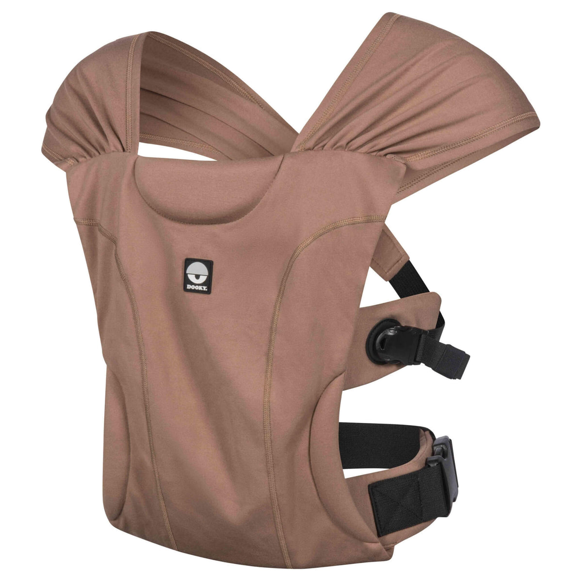 Dooky Be One Baby Carrier in Mocha with soft structured front panel, wide gathered shoulder straps and padded adjustable waist belt