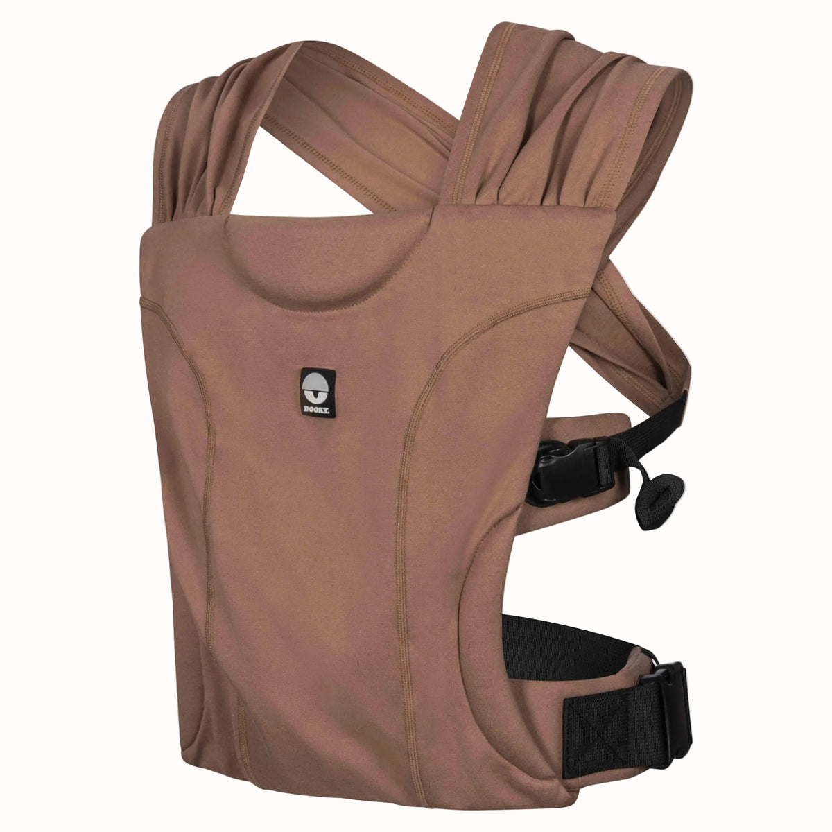 Baby carrier with soft structured front panel, wide gathered shoulder straps and adjustable black side buckles