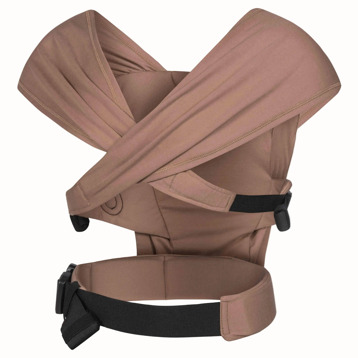 Back view of a mocha brown baby carrier with wide crossed fabric shoulder straps and padded adjustable waist belt
