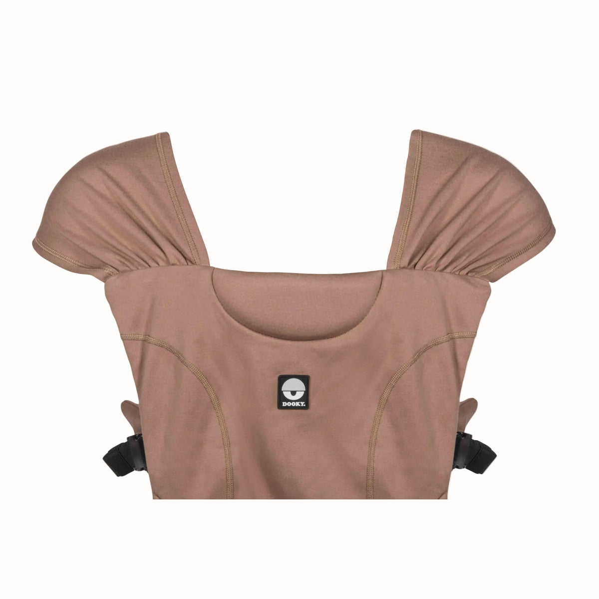 Front view of a mocha baby carrier showing wide gathered shoulder straps and softly padded curved neckline.