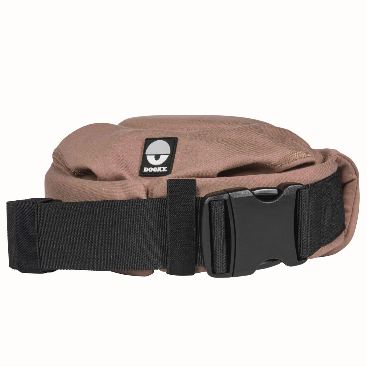 Padded baby carrier waist belt with wide black adjustable strap and large buckle fastening.