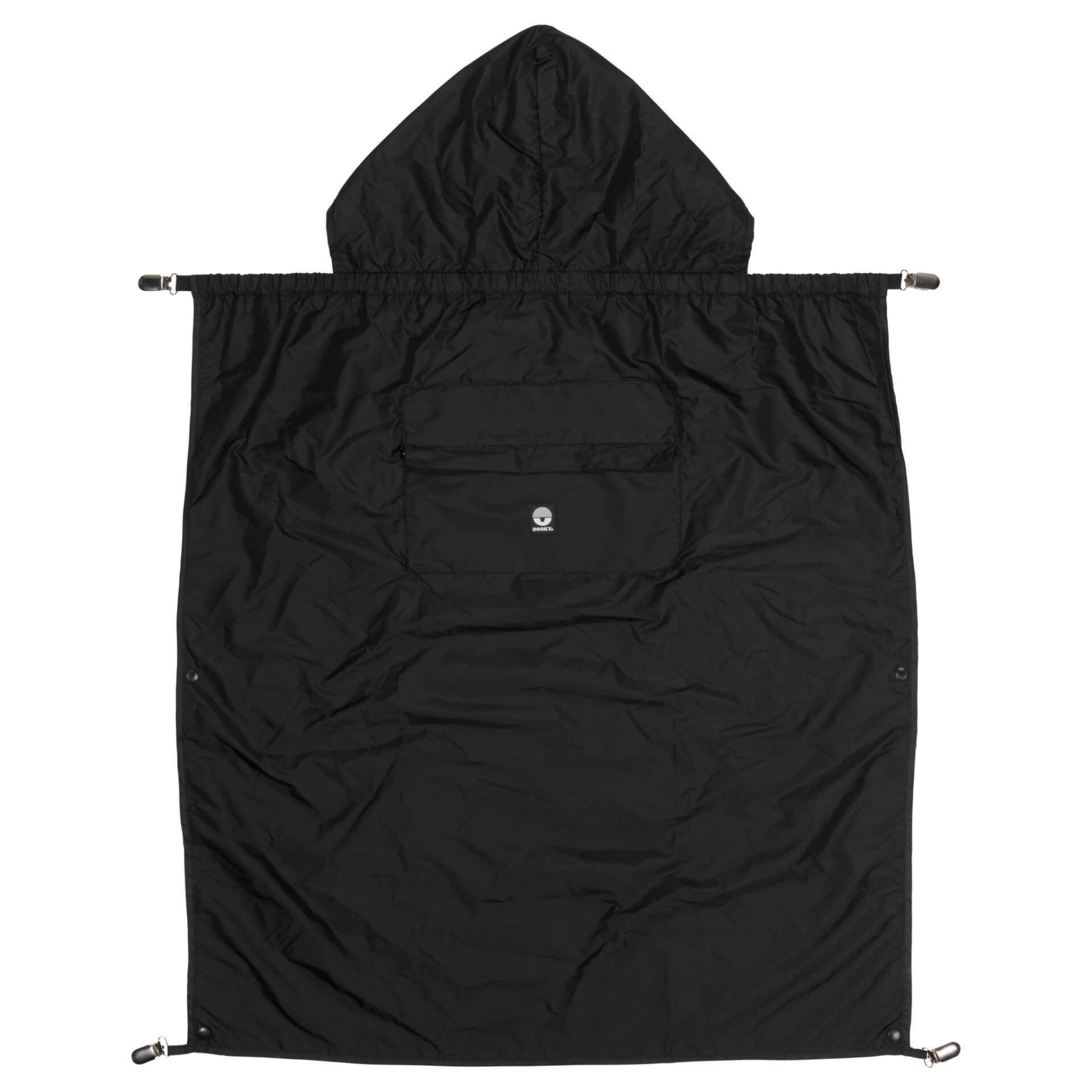 The Dooky Carrier Rain Cape in black, featuring a hood, front pocket, and clip attachments for securing over a baby carrier.