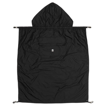 The Dooky Carrier Rain Cape in black, featuring a hood, front pocket, and clip attachments for securing over a baby carrier.