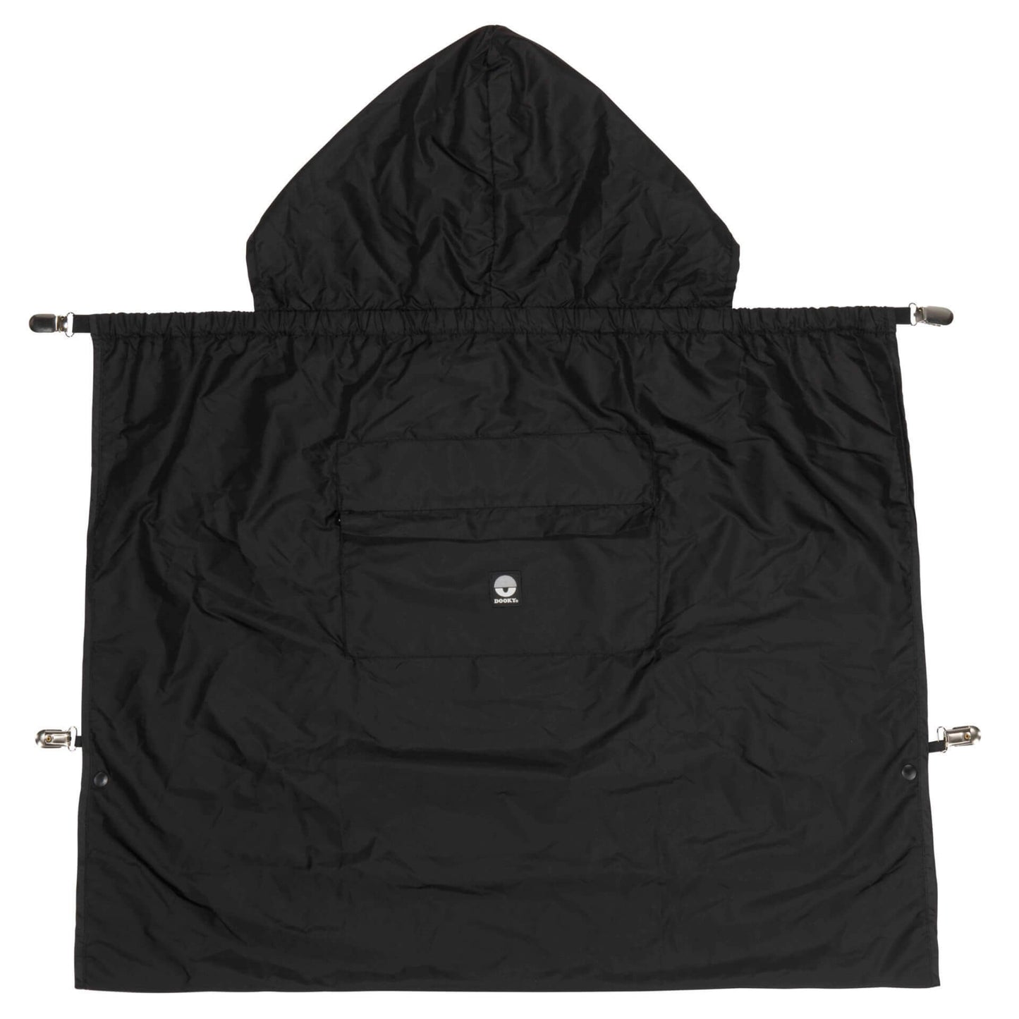 Black rain cape with hood and front pocket shown fully extended in a square shape.