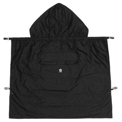 Black rain cape with hood and front pocket shown fully extended in a square shape.