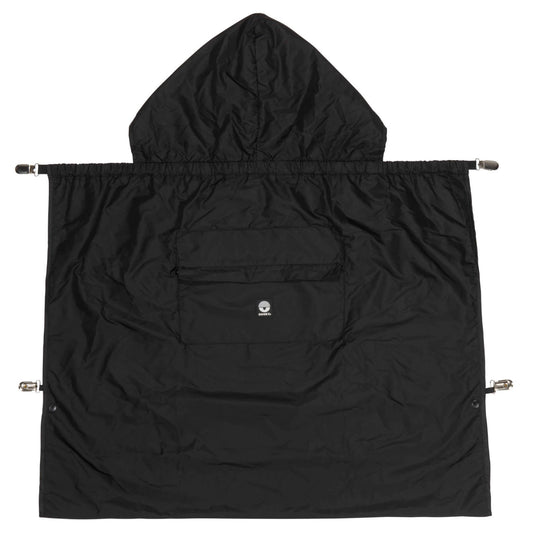 Black rain cape with hood and front pocket shown fully extended in a square shape.