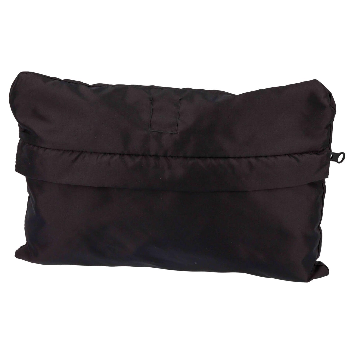 Black carrier rain cape neatly folded up into its built-in front pocket, with hood visible at the top and corner clips tucked in.