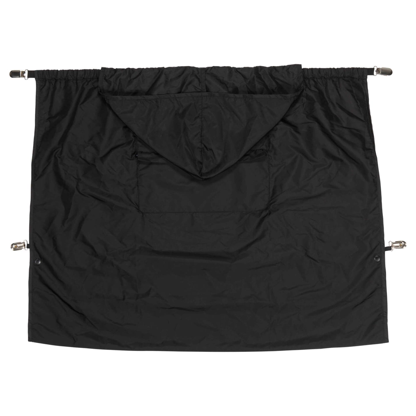 Black rain cape with hood shown fully extended in a rectangular shape.