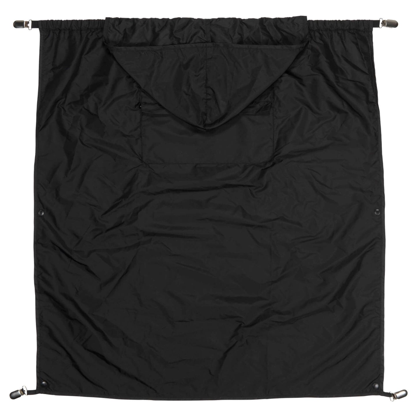A black carrier rain cape with hood shown fully extended in a tall portrait shape, plain back fabric with no mesh panel, clips at the corners.