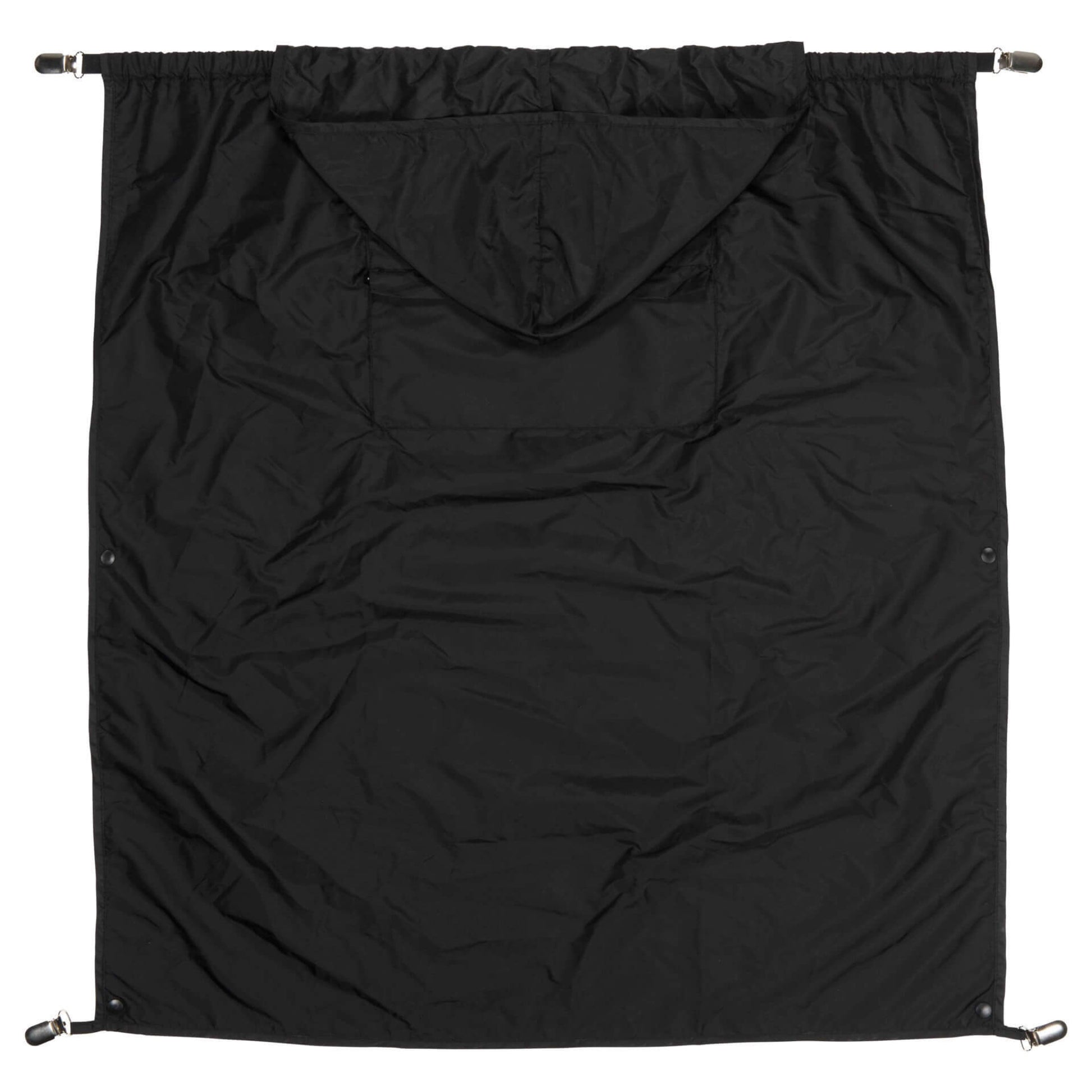 A black carrier rain cape with hood shown fully extended in a tall portrait shape, plain back fabric with no mesh panel, clips at the corners.