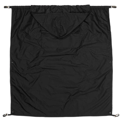 A black carrier rain cape with hood shown fully extended in a tall portrait shape, plain back fabric with no mesh panel, clips at the corners.