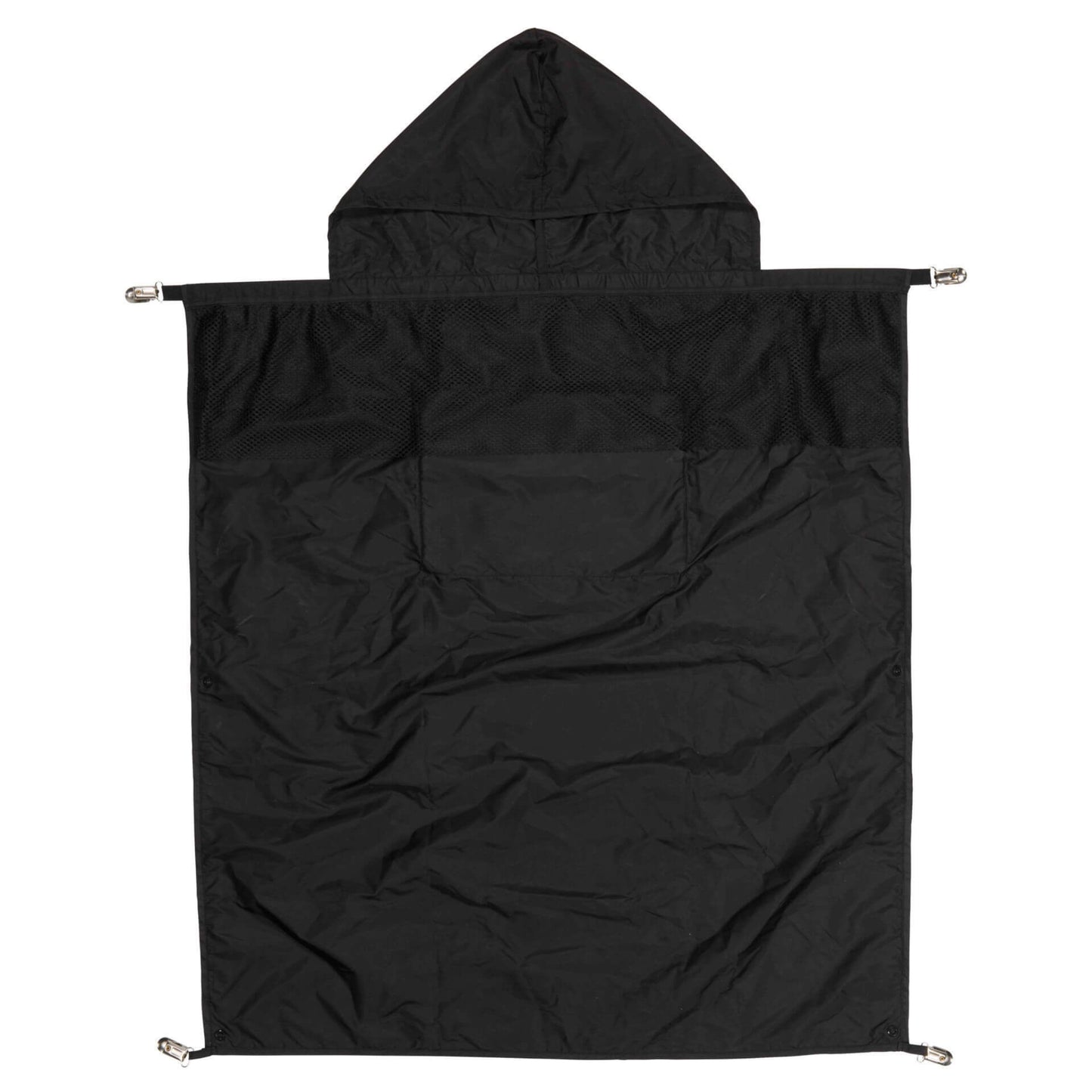 A black carrier rain cape with hood shown fully extended from the rear, featuring a mesh ventilation panel across the upper section.