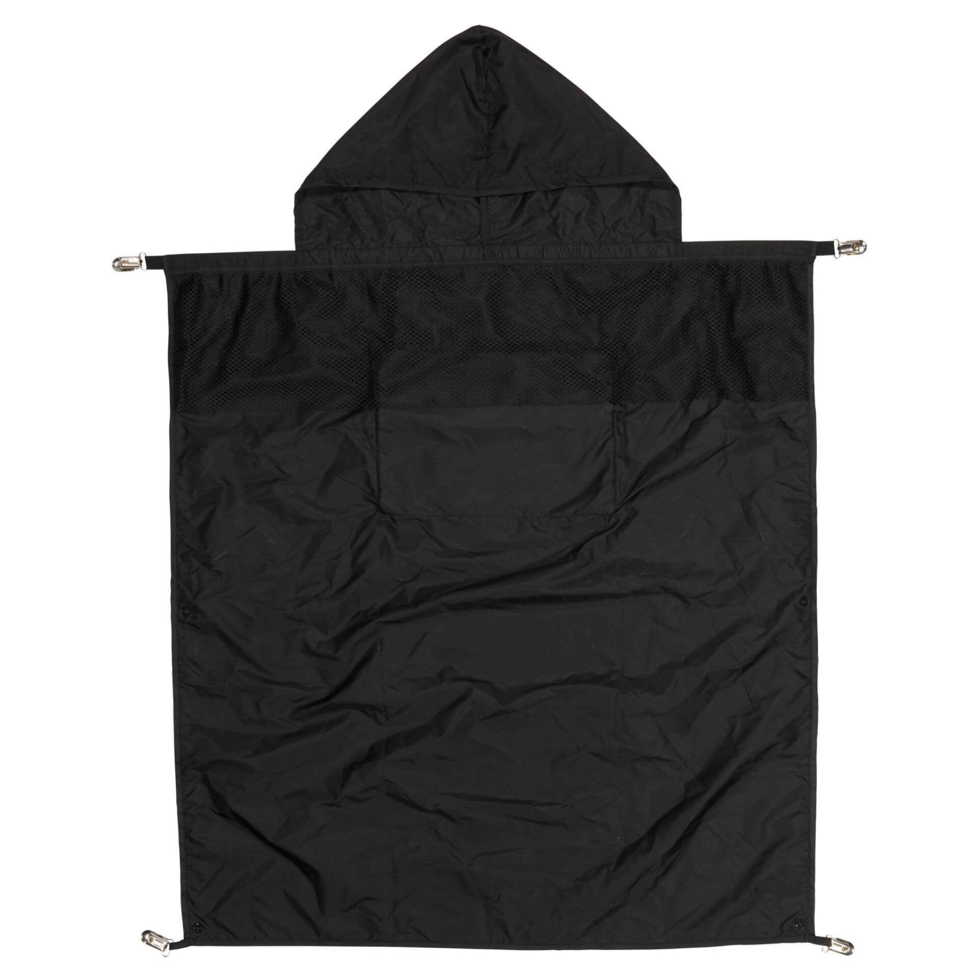 A black carrier rain cape with hood shown fully extended from the rear, featuring a mesh ventilation panel across the upper section.