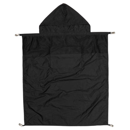 A black carrier rain cape with hood shown fully extended from the rear, featuring a mesh ventilation panel across the upper section.