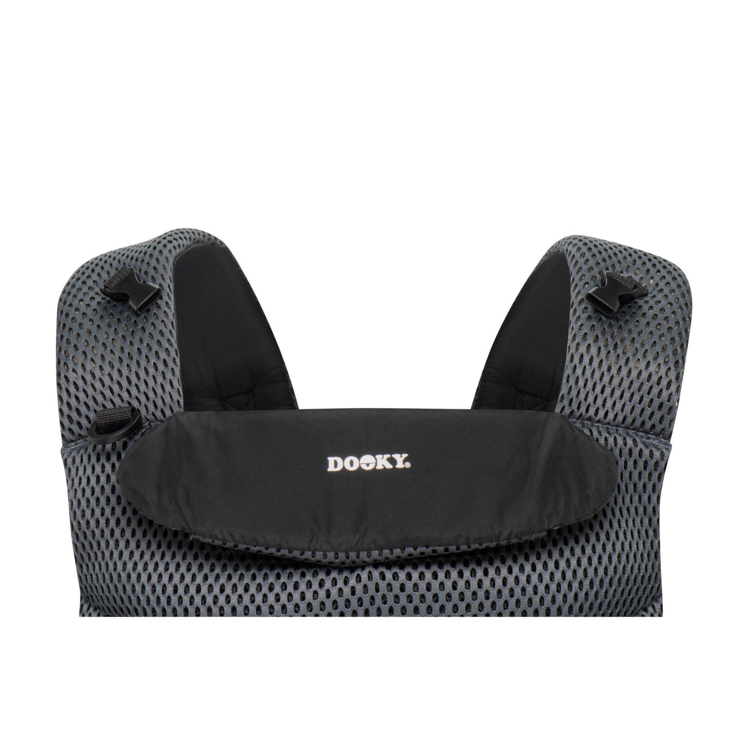 Front detail of a grey mesh baby carrier with an adjustable upper support panel and shoulder straps.