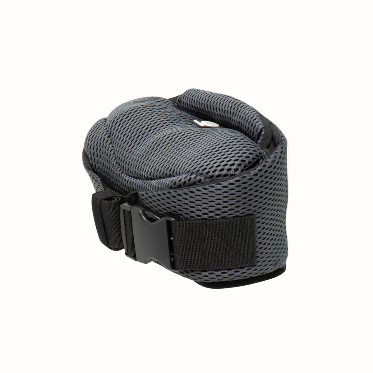 A grey mesh baby carrier folded into a compact shape with a padded waist belt and buckle fastening.