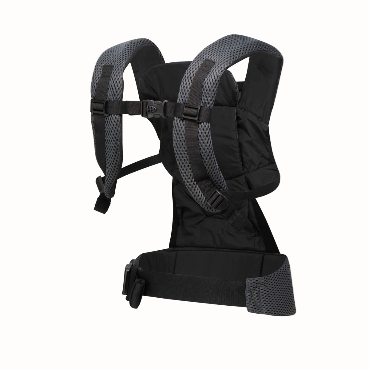 A grey mesh baby carrier shown from the back with padded shoulder straps, adjustable chest strap and wide waist belt.