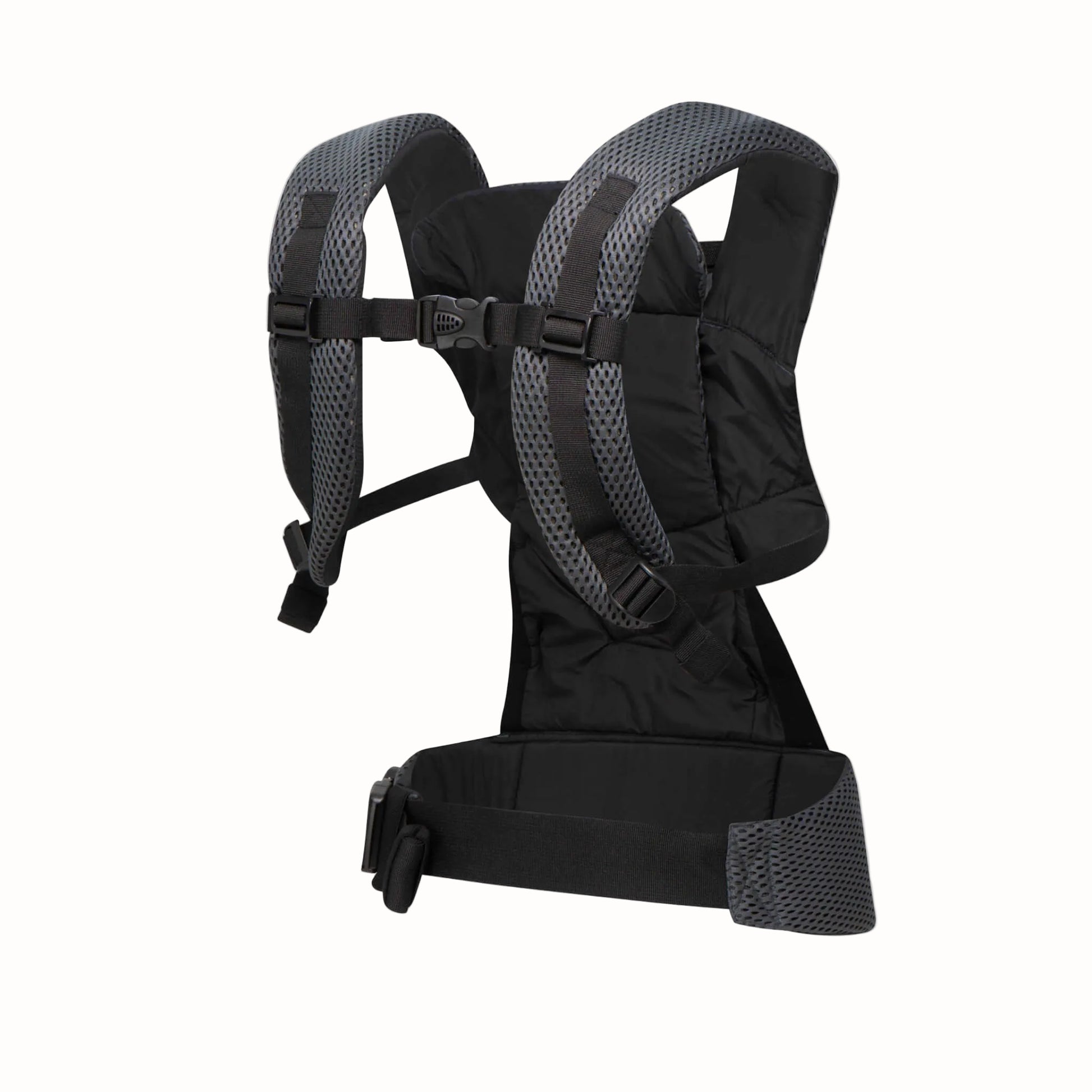 A grey mesh baby carrier shown from the back with padded shoulder straps, adjustable chest strap and wide waist belt.
