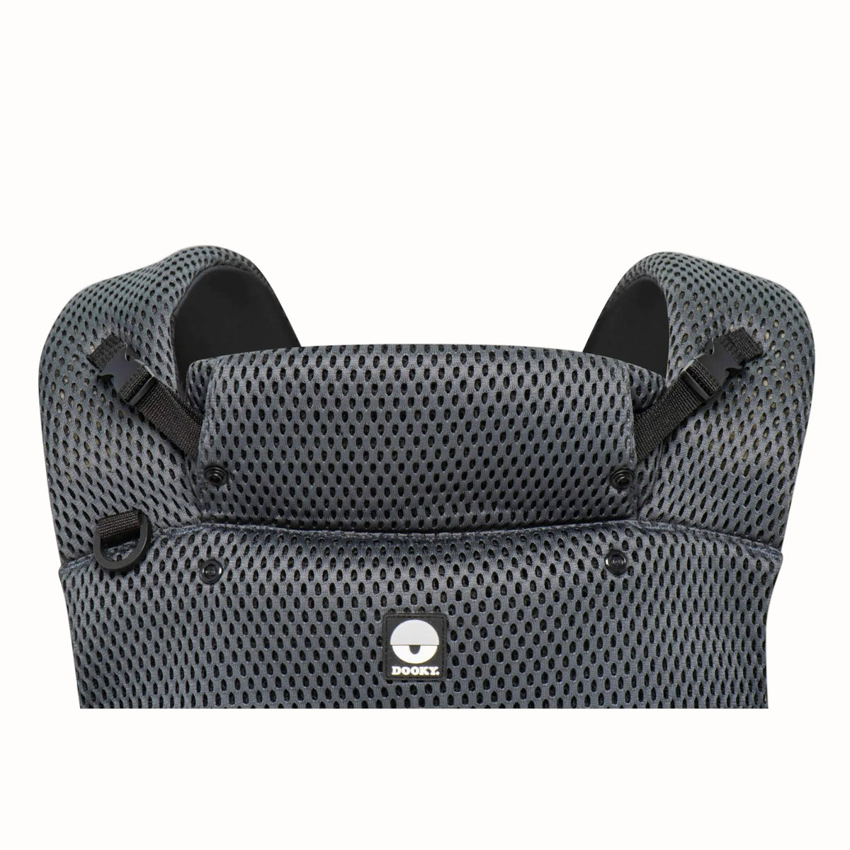 Close-up of a grey mesh baby carrier with padded shoulder straps and an upper support panel.