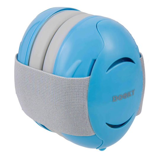 Dooky Ear Defenders for babies in Baby Blue with grey adjustable headband, shown assembled and angled to display both ear cups clearly.