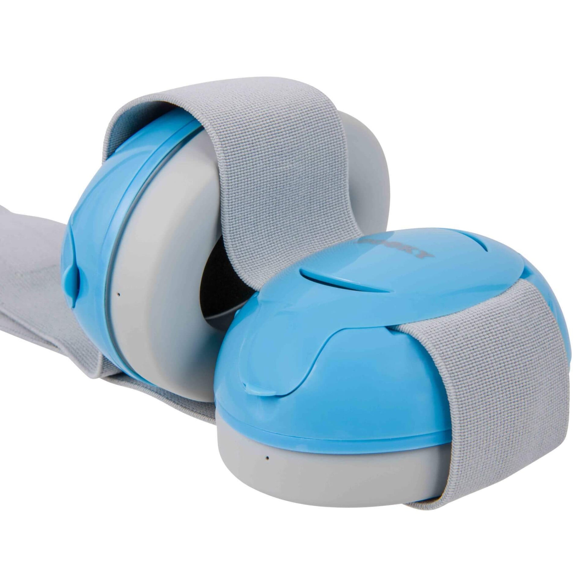 A close-up view of two baby ear defenders connected by a grey fabric band, with blue outer shells and grey cushioning on the inner side.
