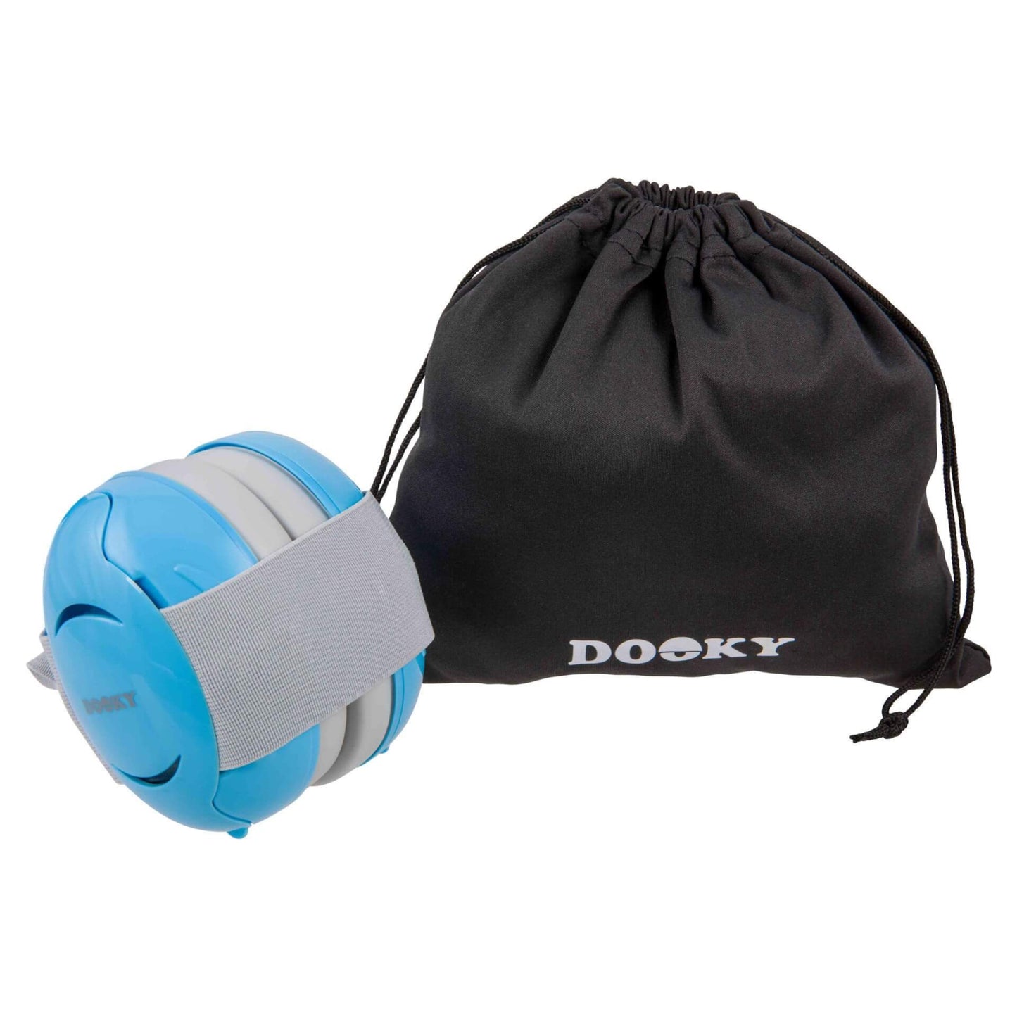 A pair of blue baby ear defenders with grey band positioned next to a black fabric drawstring pouch printed with the Dooky logo in white.