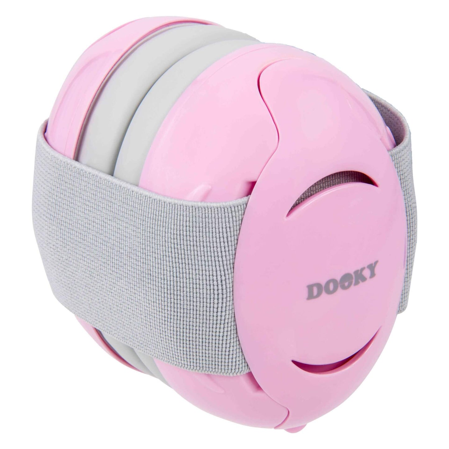 Dooky Ear Defenders for babies in Baby Pink with grey adjustable headband, shown assembled and angled to display both ear cups clearly.