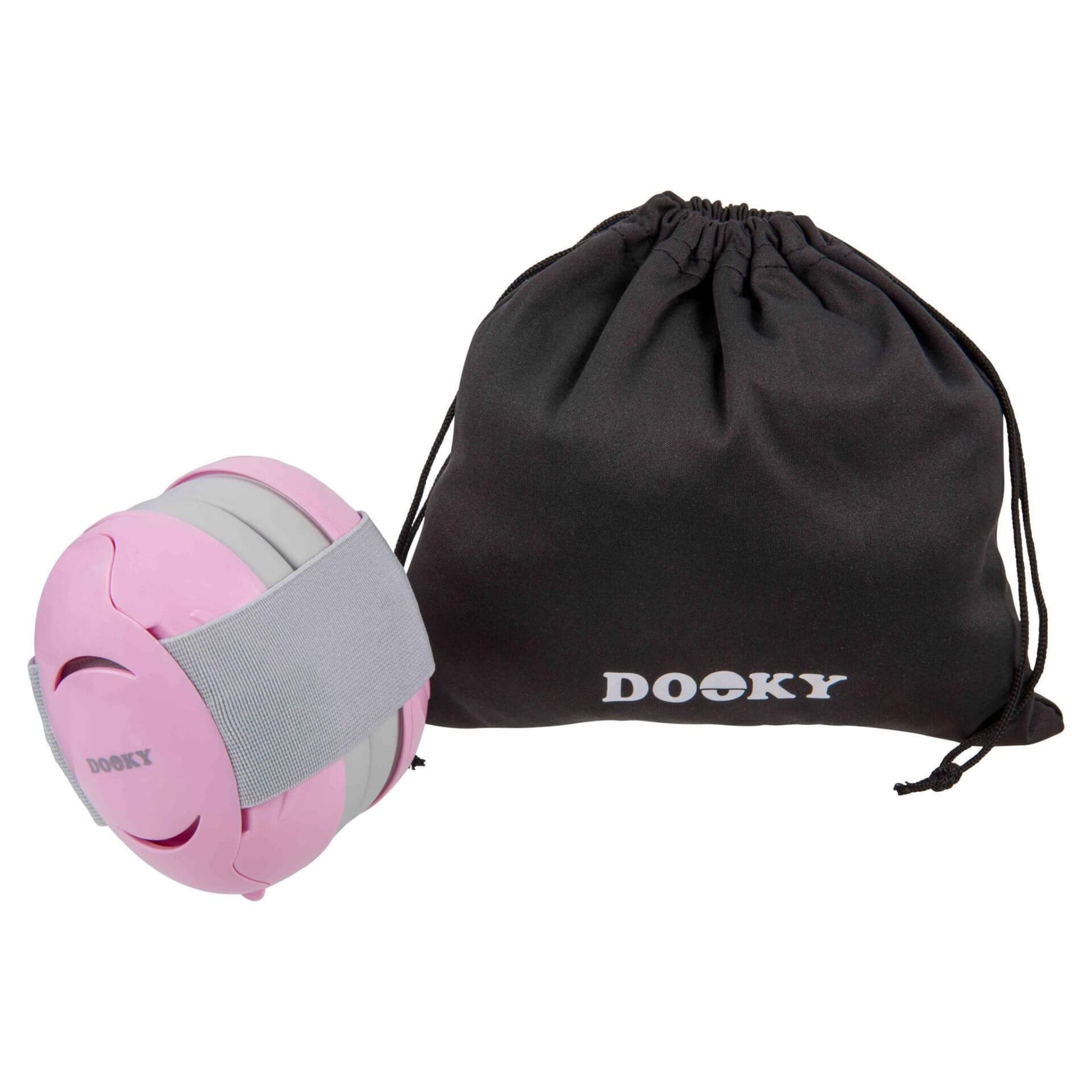 A pair of pink baby ear defenders with grey band positioned next to a black fabric drawstring pouch printed with the Dooky logo in white.