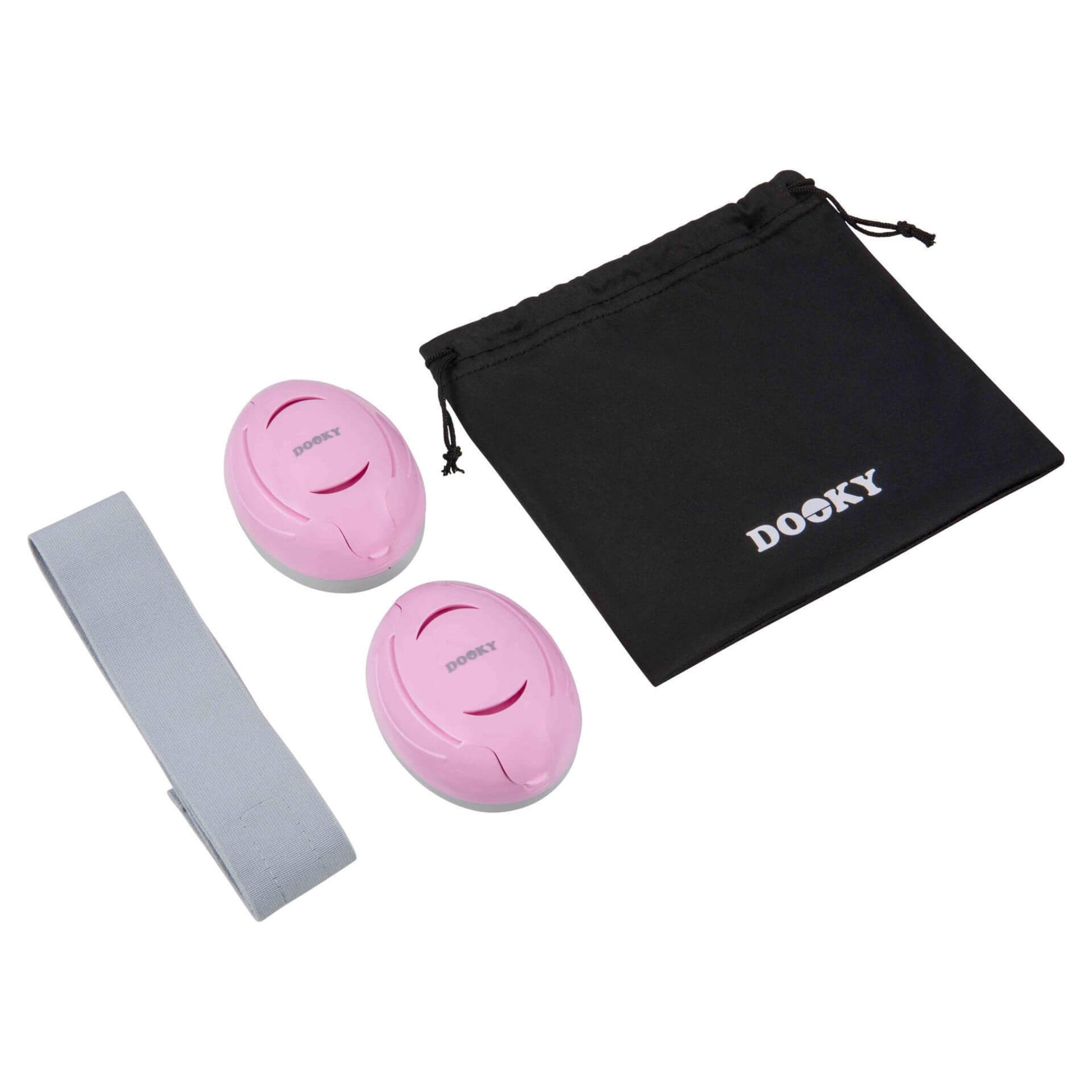 Two separate pink ear defenders, a detached grey fabric headband, and a black Dooky drawstring pouch laid out flat against a white background.