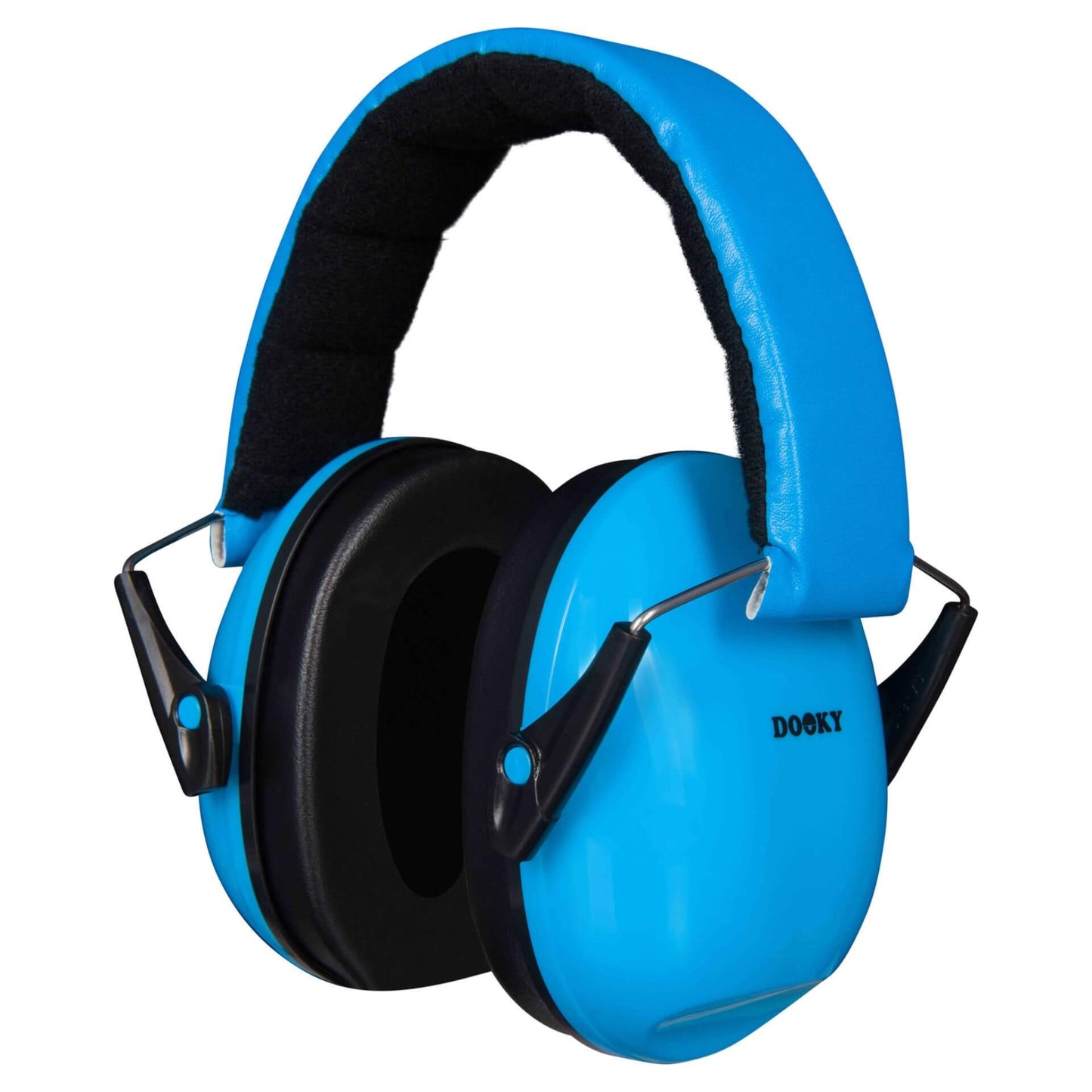 Dooky Junior Ear Defenders in bright blue with black padded ear cushions and an adjustable cushioned headband, shown angled to display full structure.