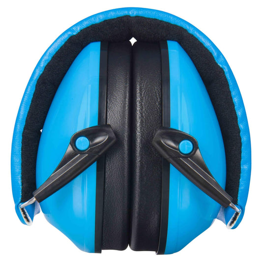 A pair of blue over-ear defenders shown folded inward, with black ear cushions pressed together and the headband curving around the top.