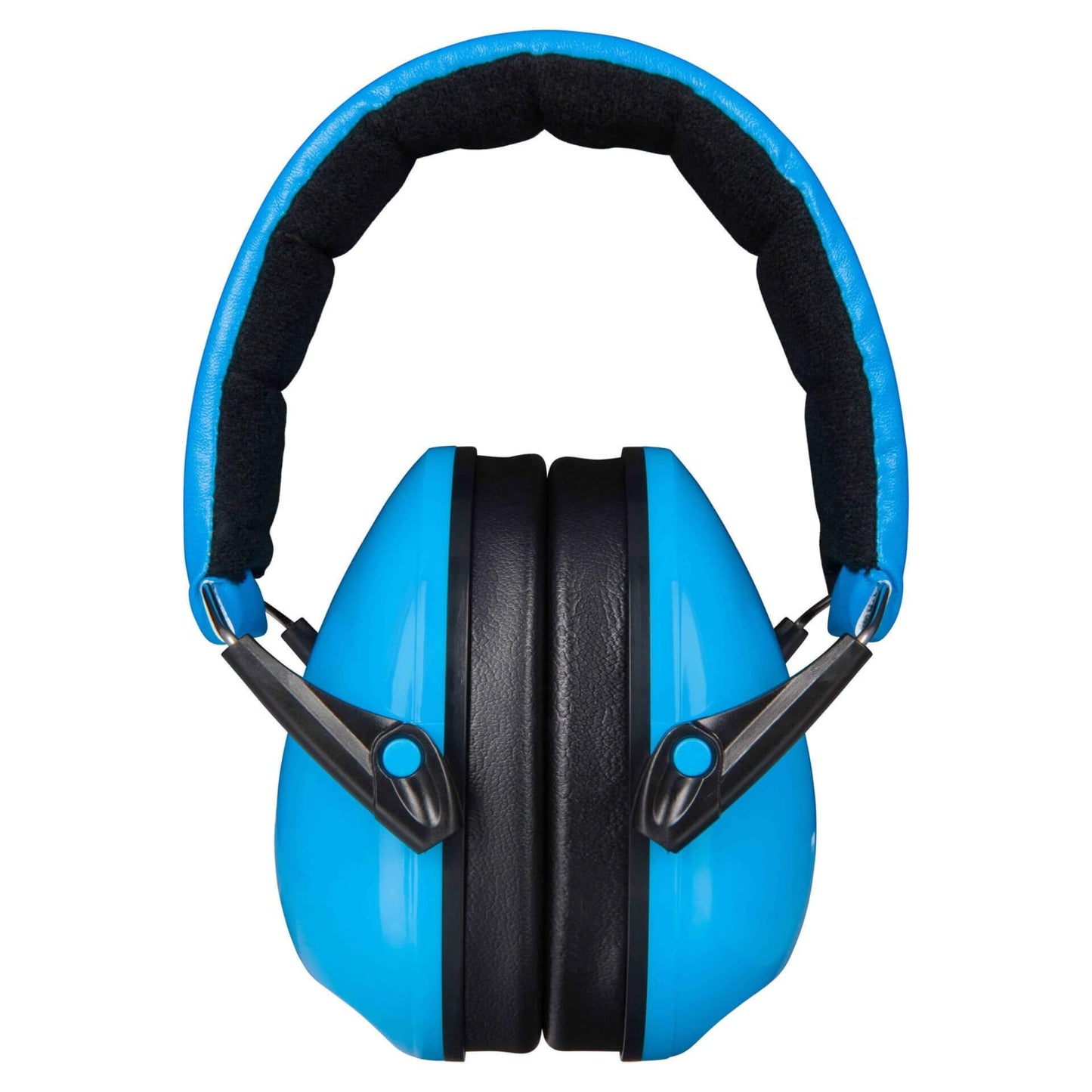 Blue ear defenders shown from the front with both ear cups and black cushioning clearly visible, and the headband arched over the top.