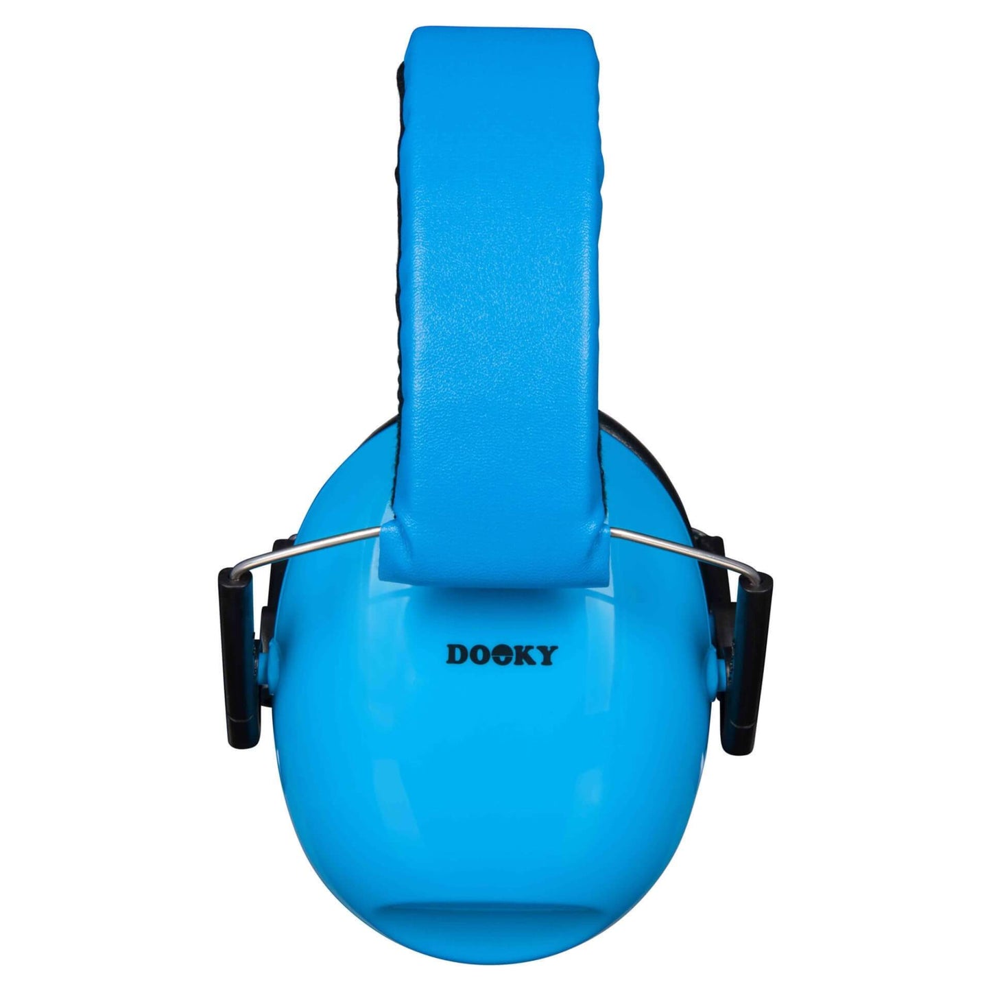 Close-up of the padded blue headband on the ear defenders, with the Dooky logo visible on one ear cup below.