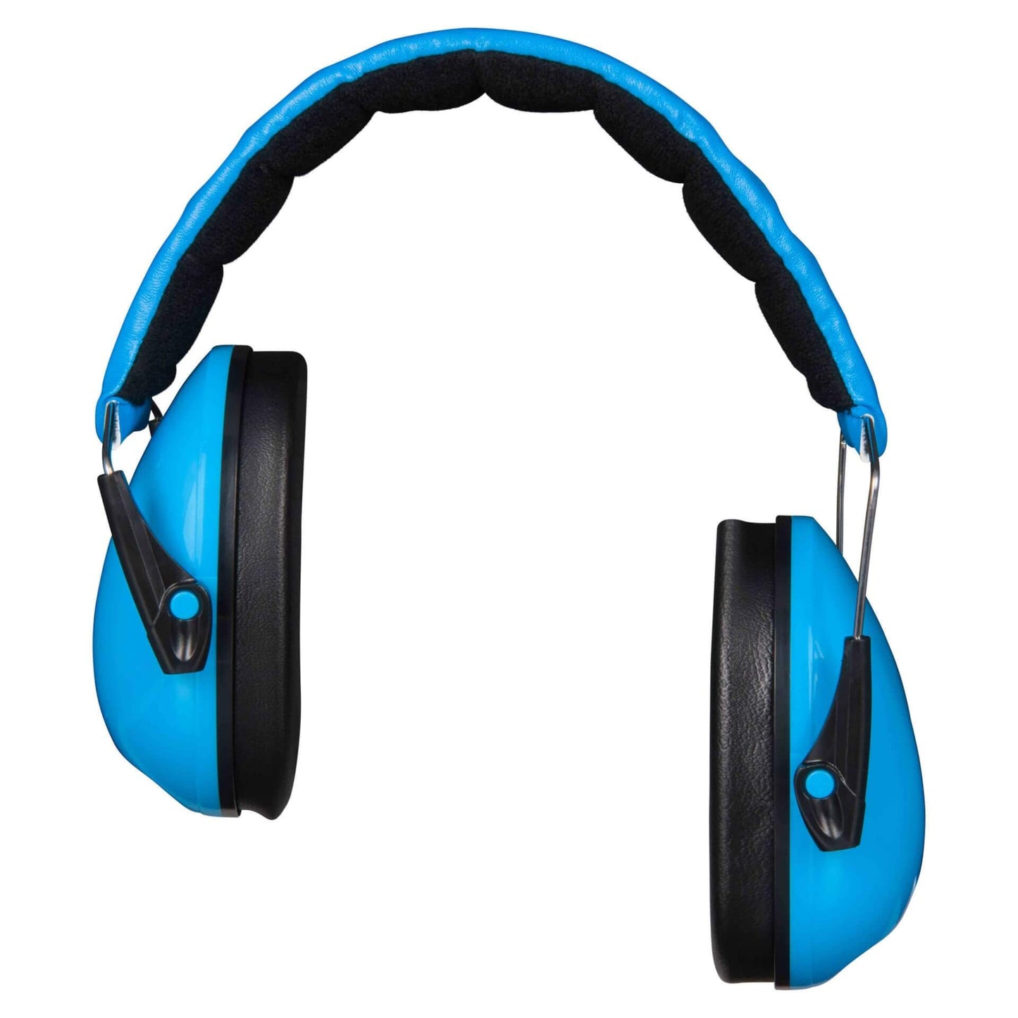 Side profile of the ear defenders showing both blue ear cups and the black cushioned interior, with the headband curved above.