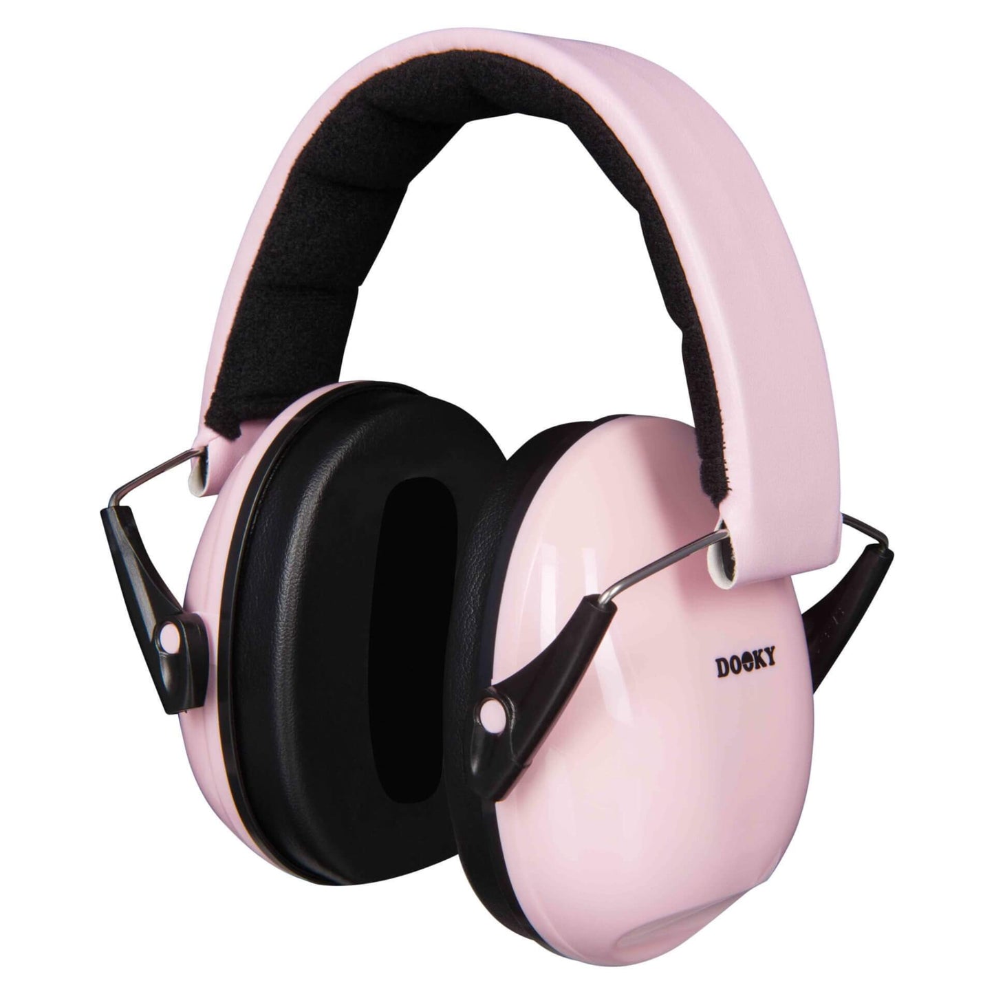 Dooky Junior Ear Defenders in pink with black padded ear cushions and an adjustable cushioned headband, shown angled to display full structure.