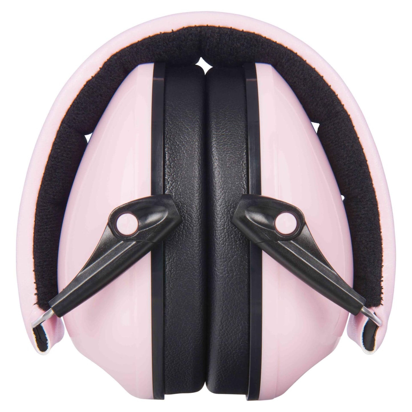 A pair of pink over-ear defenders folded together with black ear cushions pressed inward and a padded headband curved around the top.